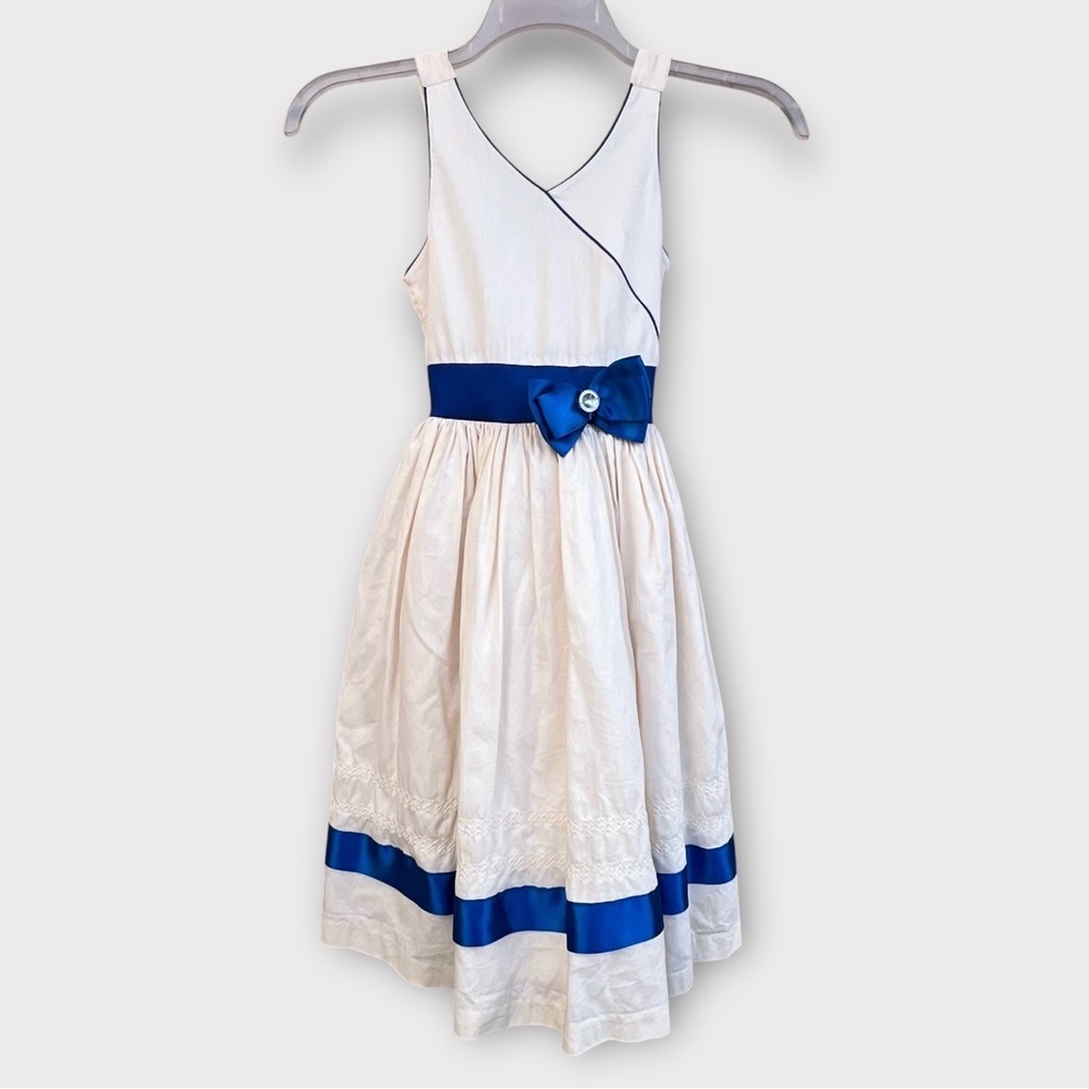 Vintage Erika girls white with blue waistband dress
